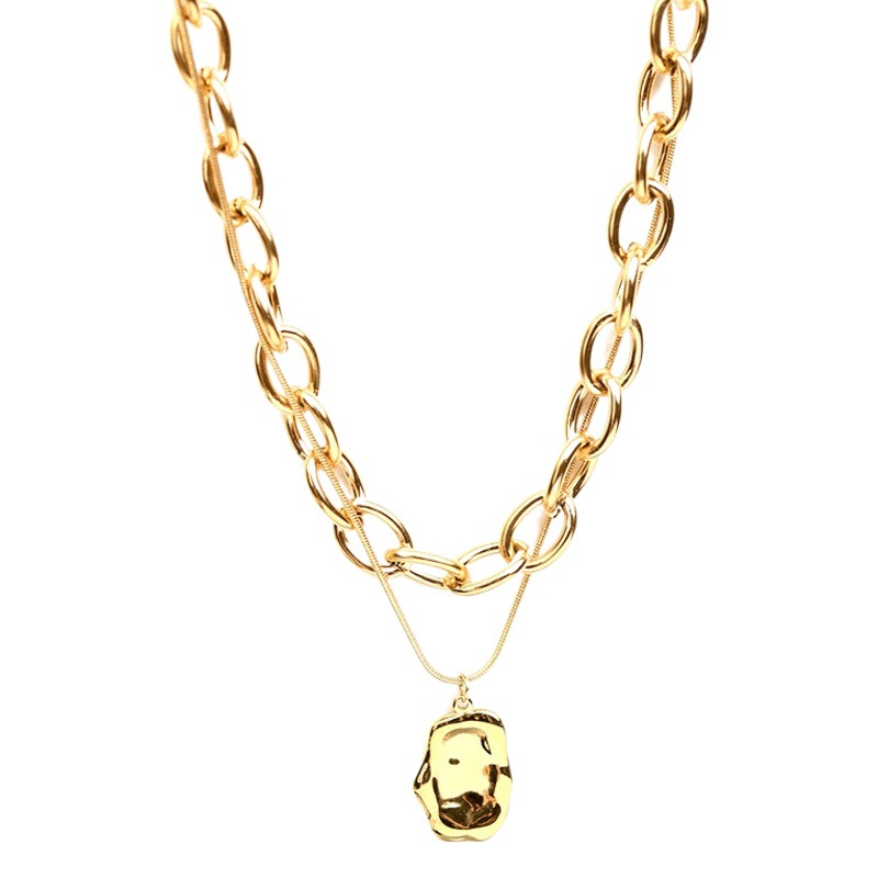 Irregular Oval Pendant Double Titanium Steel Coarse Necklace Female Niche Design Autumn and Winter Sweater Chain 2022 New