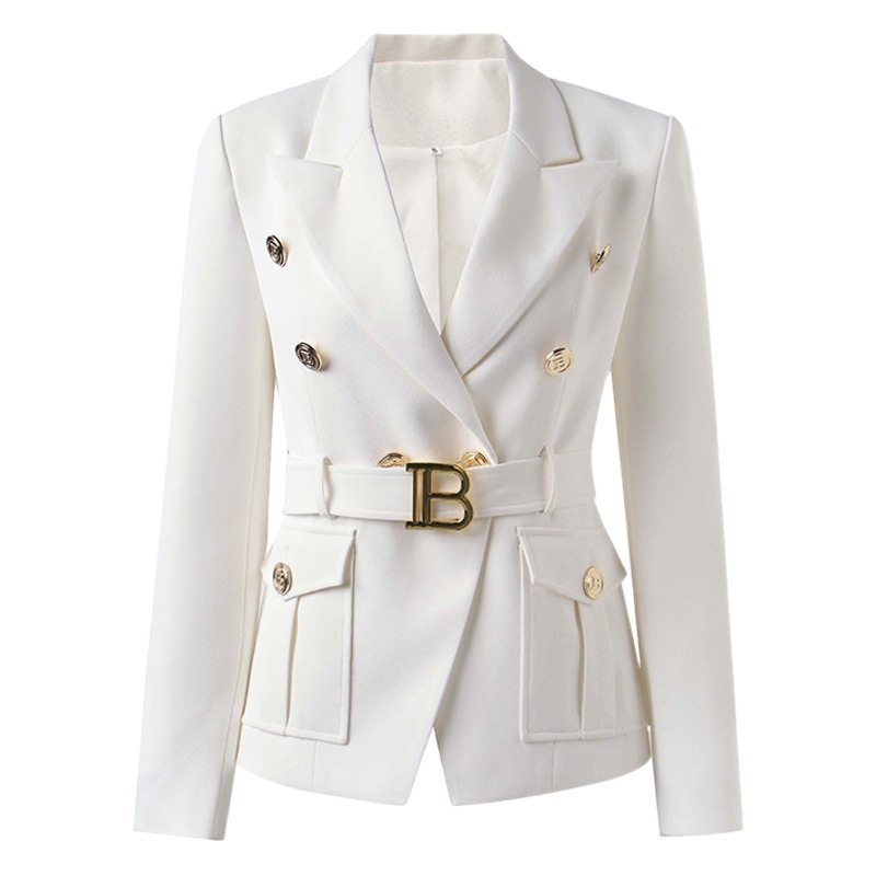 European Station Women's Buckle Head Lace-up Metal Buckle Black and White Pocket Slim-fit Small Suit Elegant Jacket Cross-border Tide