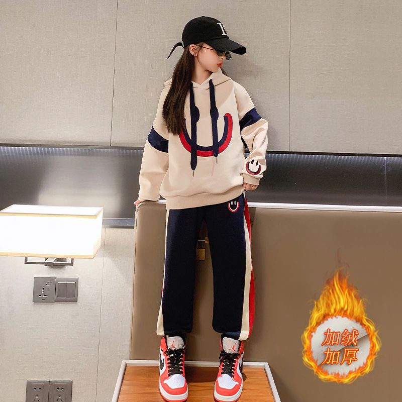 Girls' Autumn and Winter Plus Velvet Suit Korean Style Middle and Big Children Girls' Casual Sports Cartoon Sweater Trousers Children's Two-Piece Suit