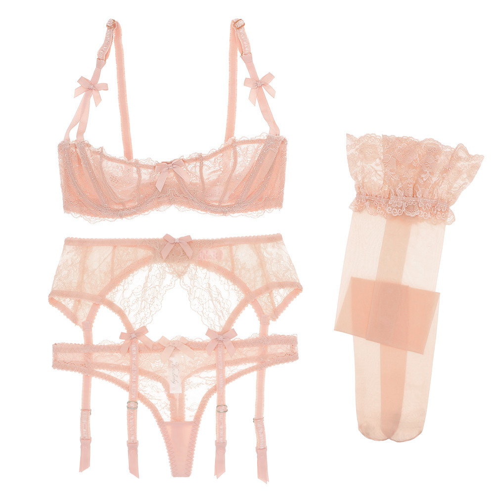 Picture of Independent Station Half Cup Sexy Lace 4-Piece Bra Intimates Women's Bra + Panties + Garter + Stockings Set