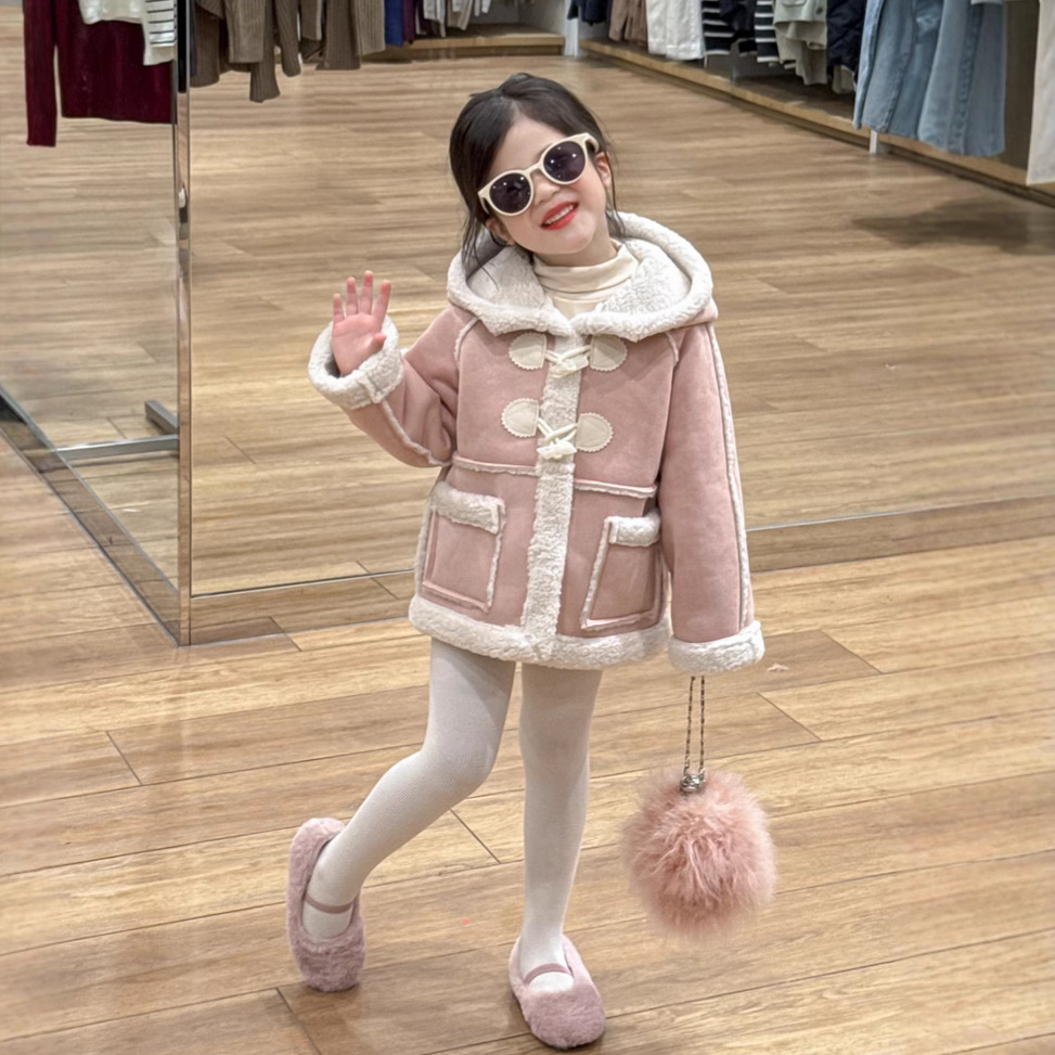 Children's Wear Girls' Coat 2024 Winter Thickened Warm fleece-lined Hooded Pink Corner Buckle Fur Coat