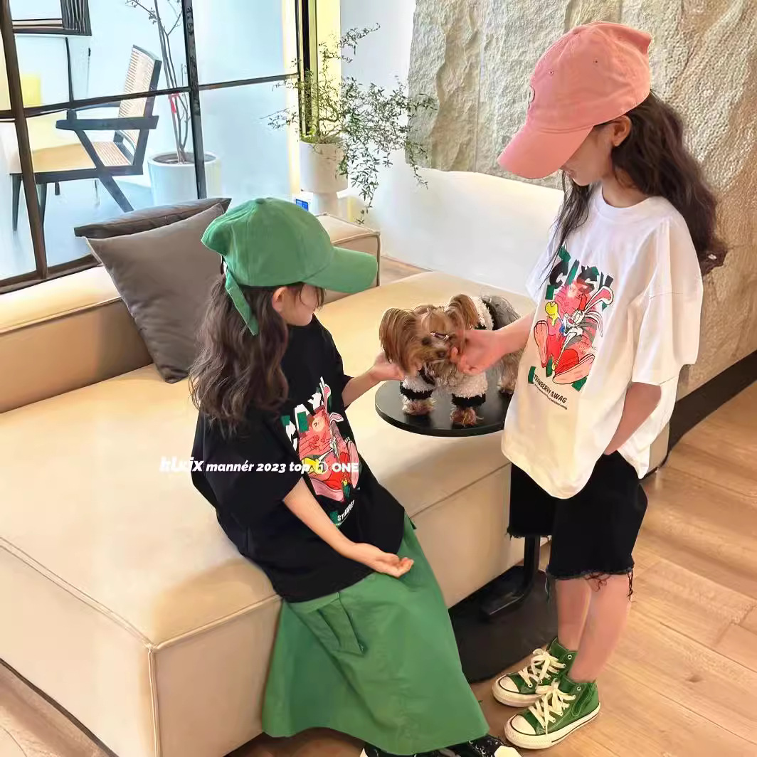 South Korea children's clothing fashion brand cute bunny boy 2023 summer clothes girl's short-sleeved T-shirt loose top Western style children's