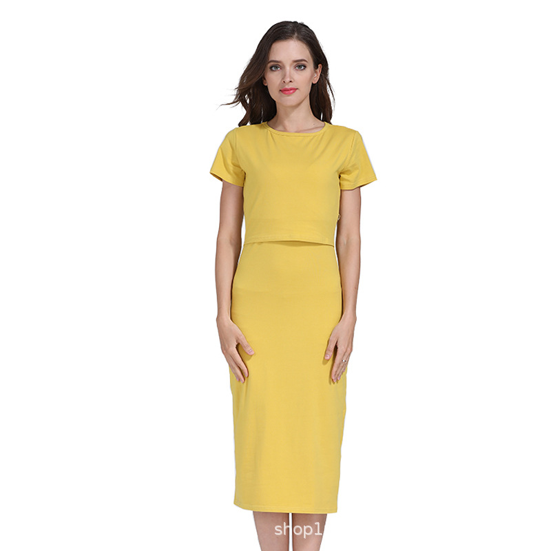 Picture of European and American Summer Fashion Short-sleeved Pregnant Women's dress Elastic Slim-fit Pure Cotton Out-going Postpartum Breastfeeding Skirt plus size Women's Clothing