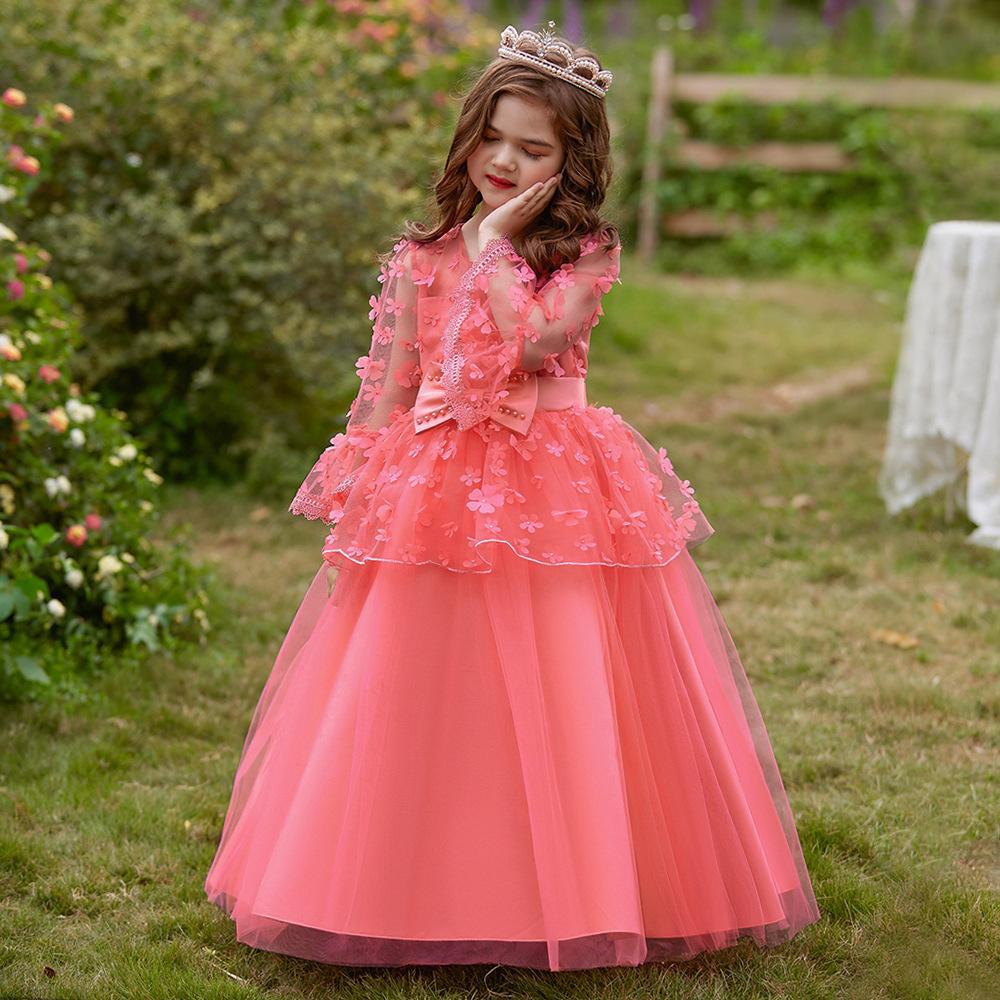 2024 Children's Long Sleeve Wedding Dress Puffy Mesh Princess Dress Medium and Large Children's Clothing Children's Day Performance Costume Little Princess