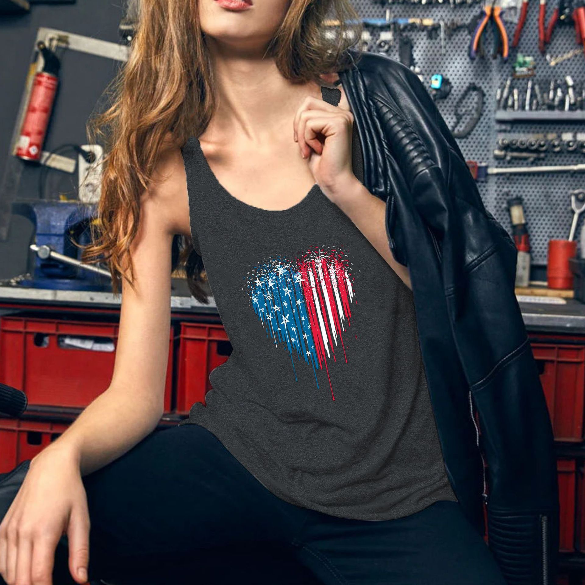 Summer Cross-border Supply Women's shirt Loose Round Neck Independence Day Love Printed Round Neck Vest T-Shirt