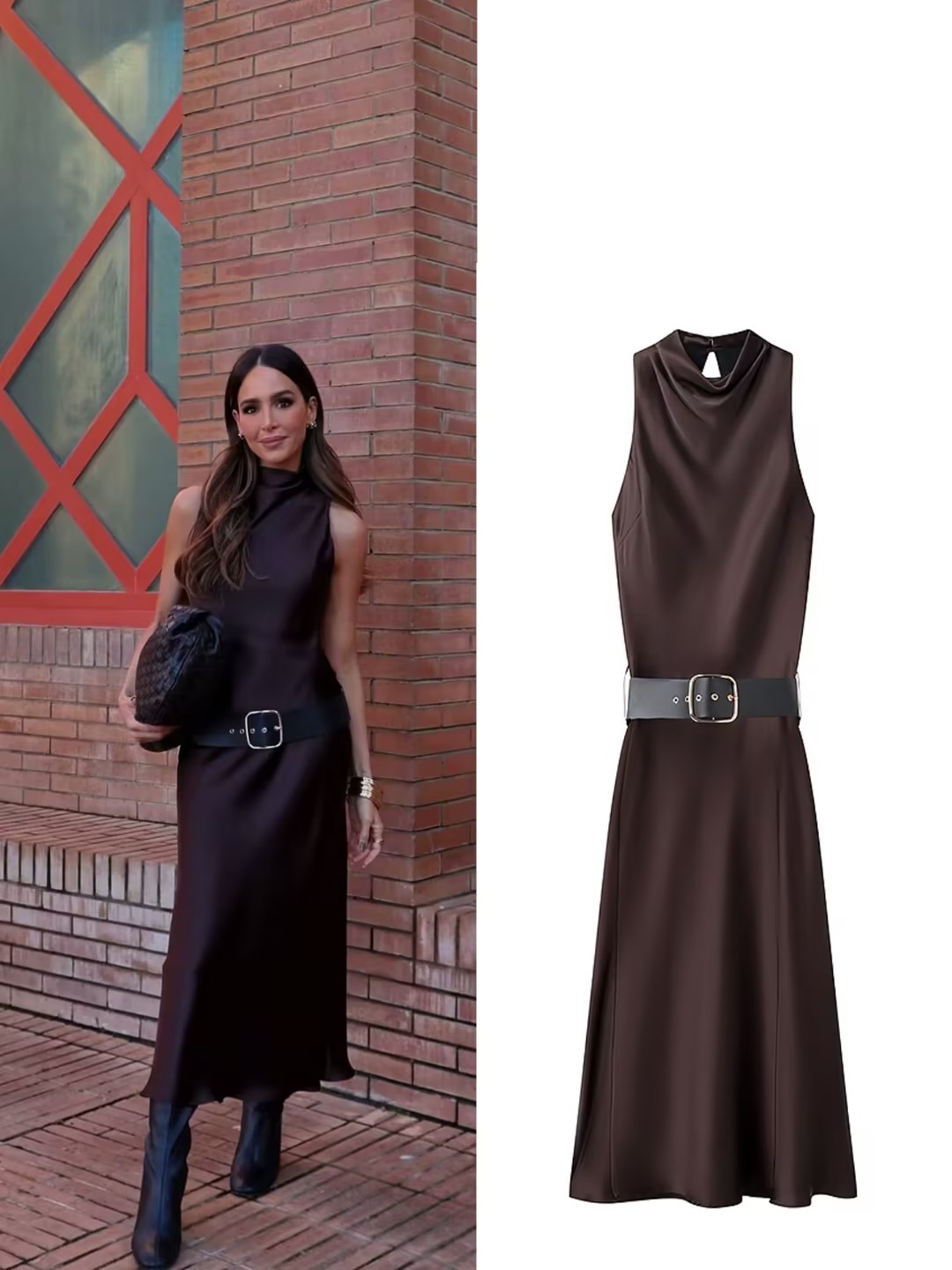 Cross-Border 2025 Spring New Women's French Round Neck Sleeveless Belt Silk Satin Midi Dress