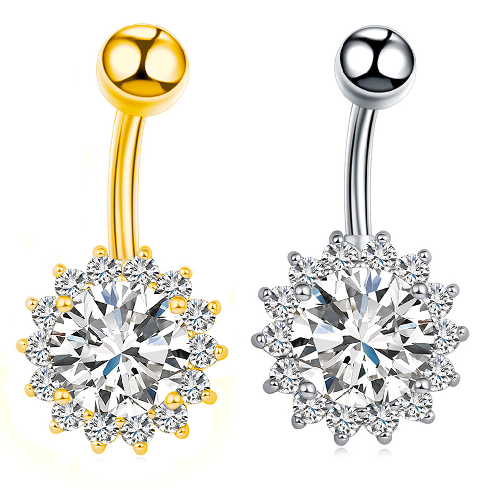 European and American Export Stainless Steel Inlaid with Round Zircon Sunflower Shape Navel Ring Body Piercing Navel Nail Jewelry