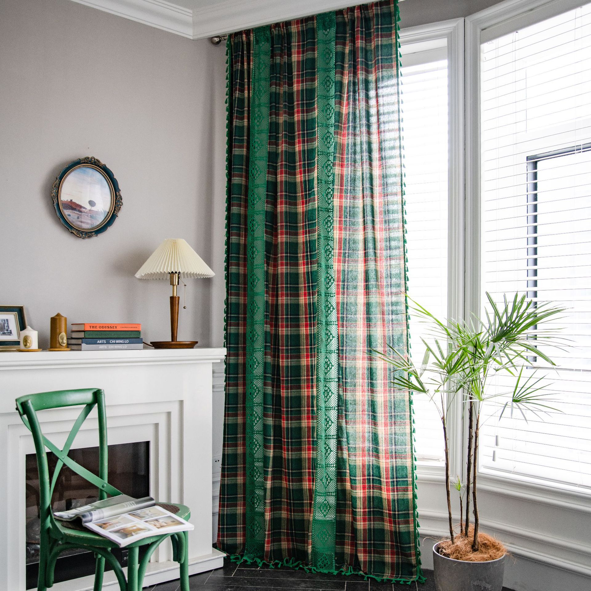 Yuman Qiyun Curtain Green Plaid Stitching Yarn-dyed American Curtain Finished Kitchen Curtain Bay Window Curtain Semi-shading