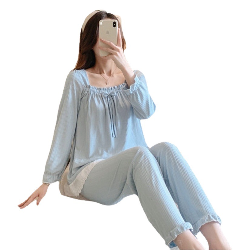 Long-sleeved autumn pajamas women's one-word collar lace cute 2022 autumn loose ins style princess style home suit