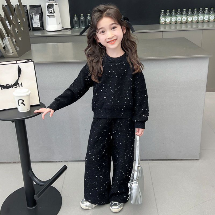 Picture of Girls' Sweatshirt Set Spring and Autumn Korean Style Trendy Big Girl Fashionable Street Sequin Wide-Leg Pants Two-Piece Set