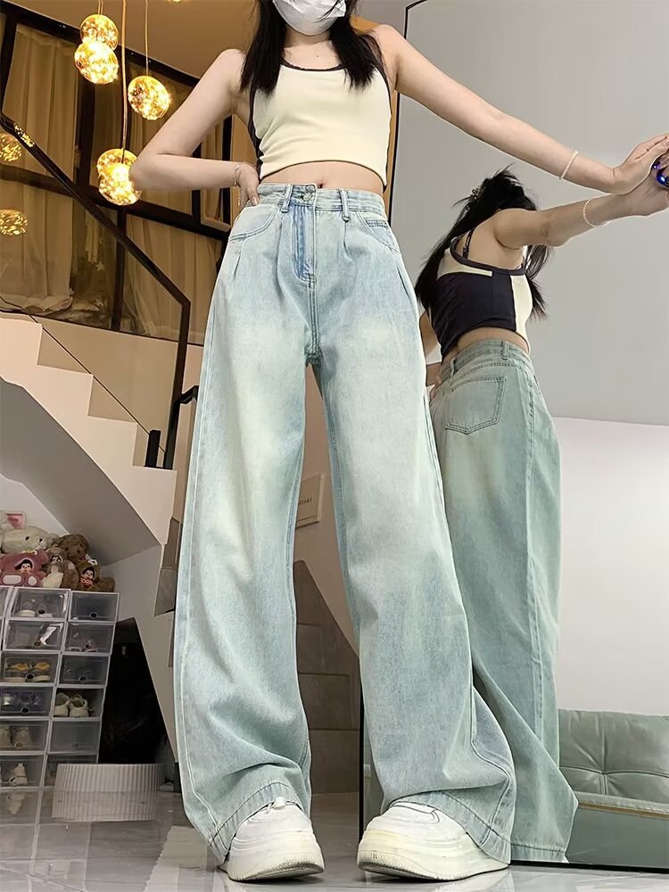 Blue High Waist Wide Leg Jeans Women's Autumn New Loose Washed Pleated Design Slimming Straight Pants