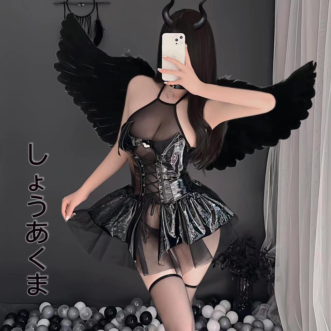 Mu Orange New Style Sexy Underwear Bright Face PU Hanging Neck Strap Bat Little Devil Perspective Skirt Sexy Suit 1152