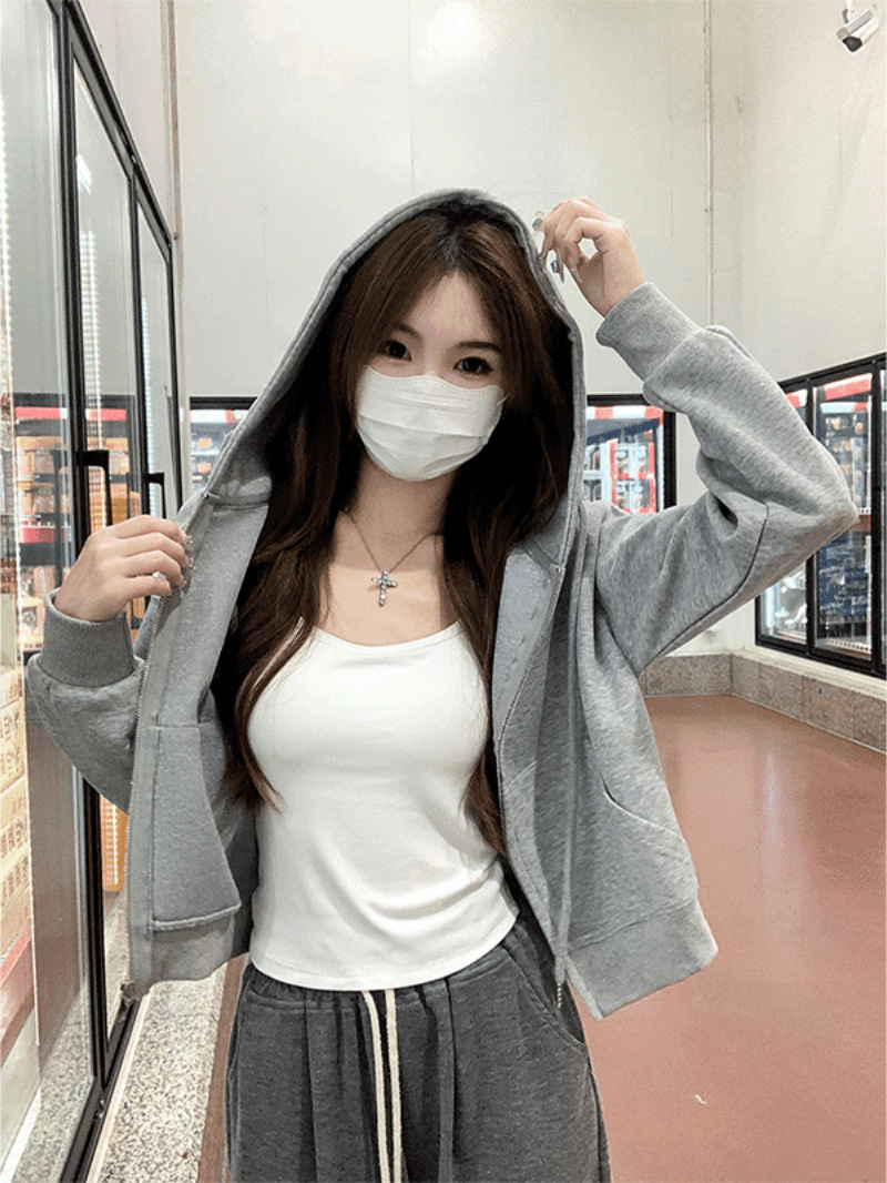 Classic Grey Short Sweater Coat Women's Spring and Autumn New Hooded Cardigan Zipper Slimming All-match Long-sleeved Top