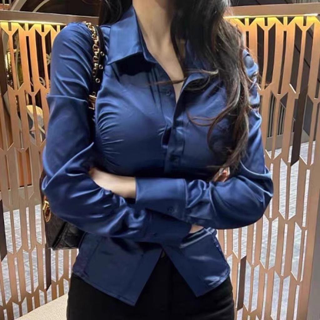 South Korea Dongdaemun New Arrival Pleated Sexy Chest-Proof Large Feminine Lapel Button-Up Satin Shirt Women's Long-Sleeve Top