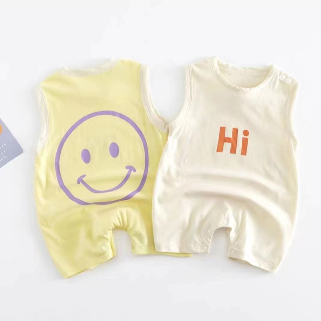Baby Summer Broadband Jumpsuit Cartoon Smiley Western Style Thin Hare Clothes Fashionable Outgoing Climbing Clothes for Baby Boys and Girls