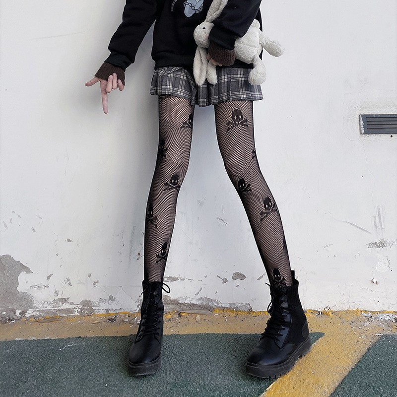 Halloween Skull Mesh Pants Jk Black Silk Stockings Women's Pants Sexy Hollow Fishernet Stockings Black Silk Thin Ins Trendy Show
