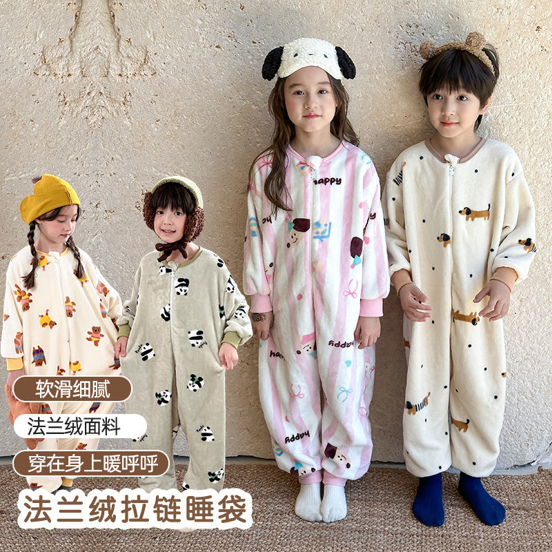 25 Winter Children's Flannel Warm Sleeping Bags for Older Children, Thickened Belly-Protecting Pajamas, One-Piece Clothing, Loungewear, Pajamas