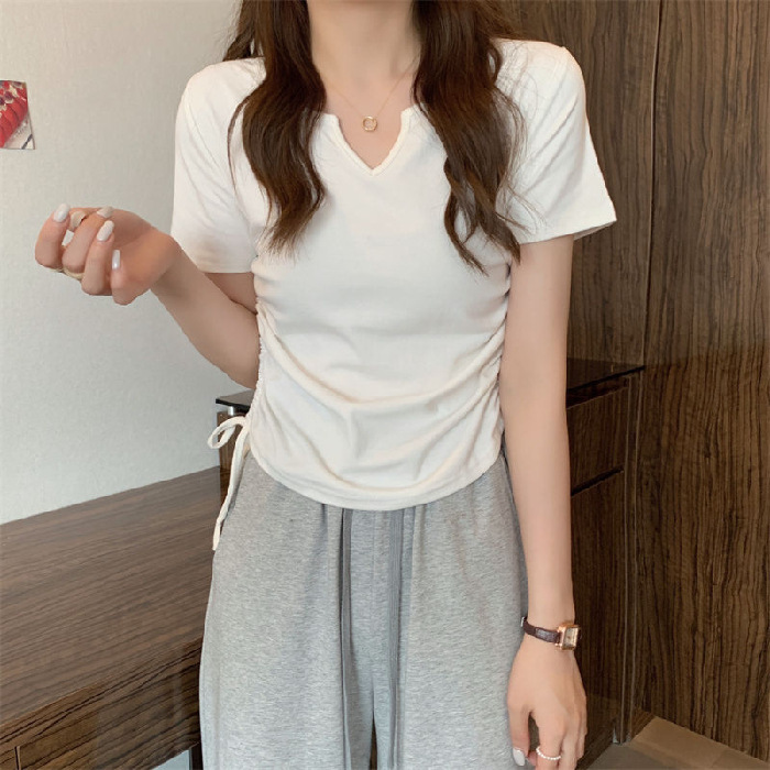 Picture of Designed V-Neck Drawstring Slim-Fit Pure Desire Style Short-Sleeve T-Shirt for Women, 2025 Summer New Solid Color Student Top Trendy