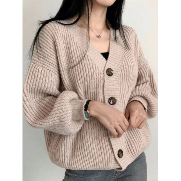Picture of Early Autumn New Versatile Sweater Jacket for Women Loose Large Version Lazy Lantern Sleeve Warm Thick Knitted Cardigan Gray