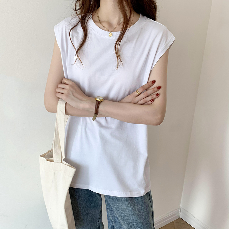 Picture of White Sleeveless T-Shirt for Women Loose 2025 Summer New Fashion Black Vest T-Shirt Student Top Outer Wear Ins