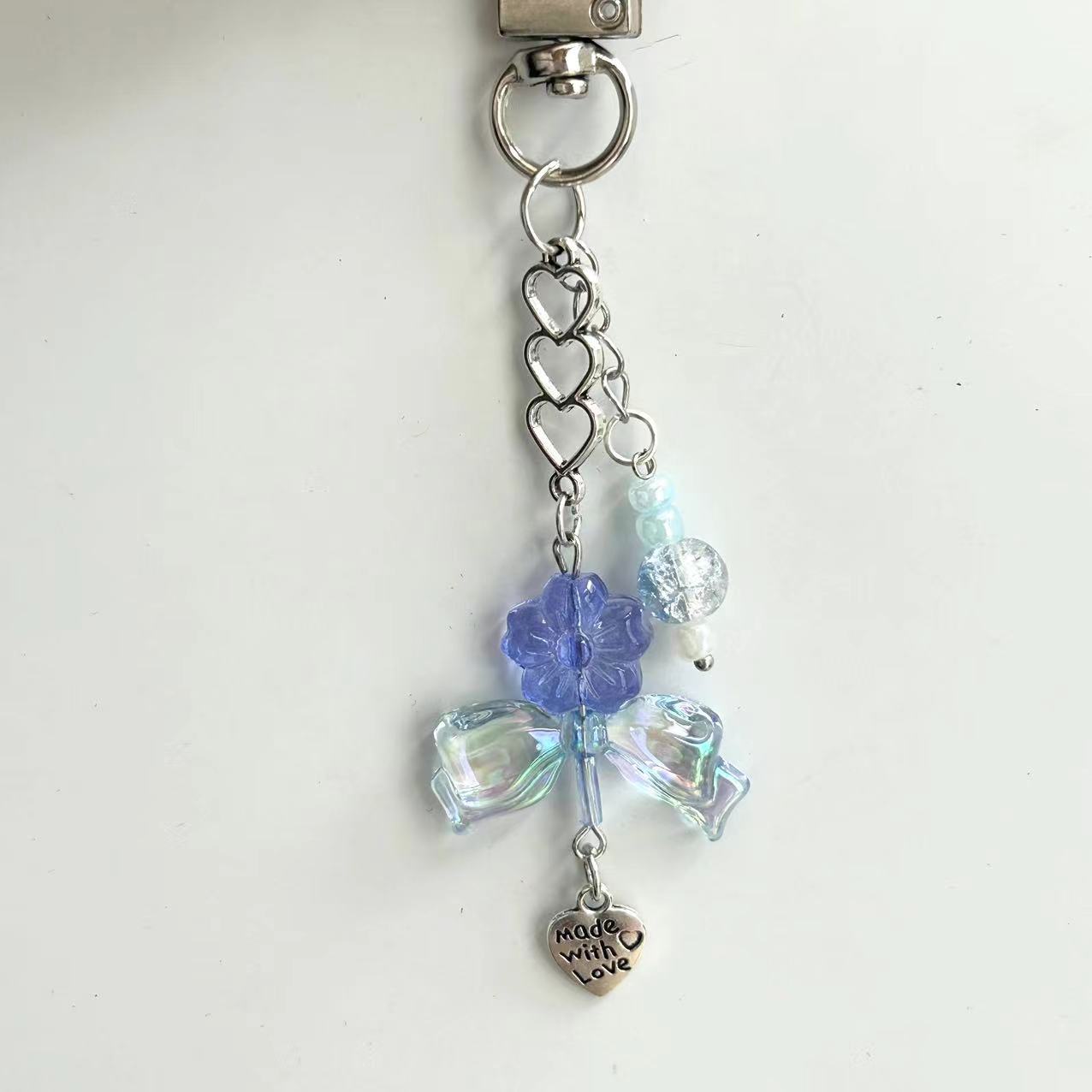 Picture of Original ice blue flower bag buckle pendant hand-made beaded girl heart ice blue key chain pendant