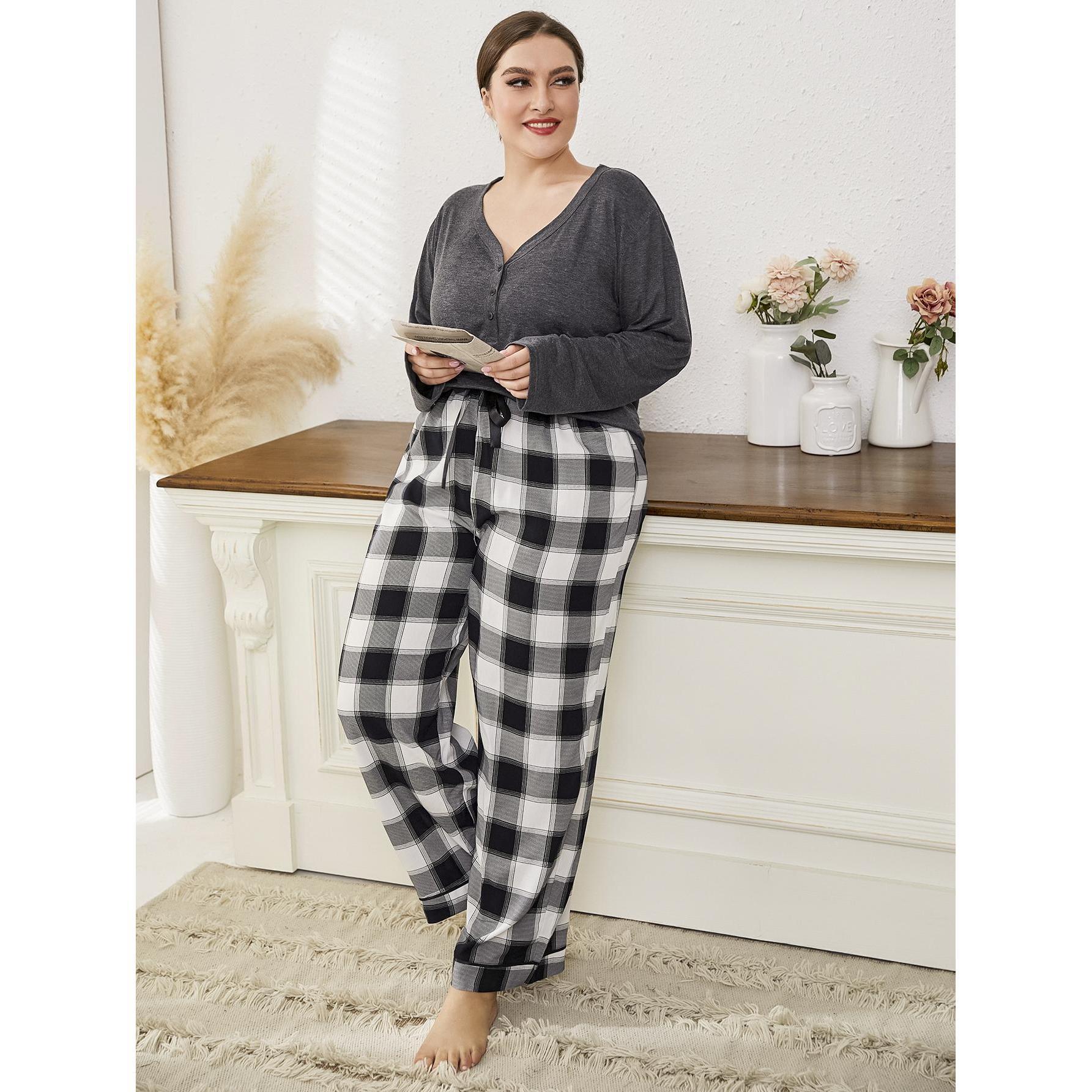 European and American Large Size Pajamas for Women in Autumn and Winter Loose Casual Plus Size Long-Sleeved Pants Home Clothes Set Cross-Border Aliexpress