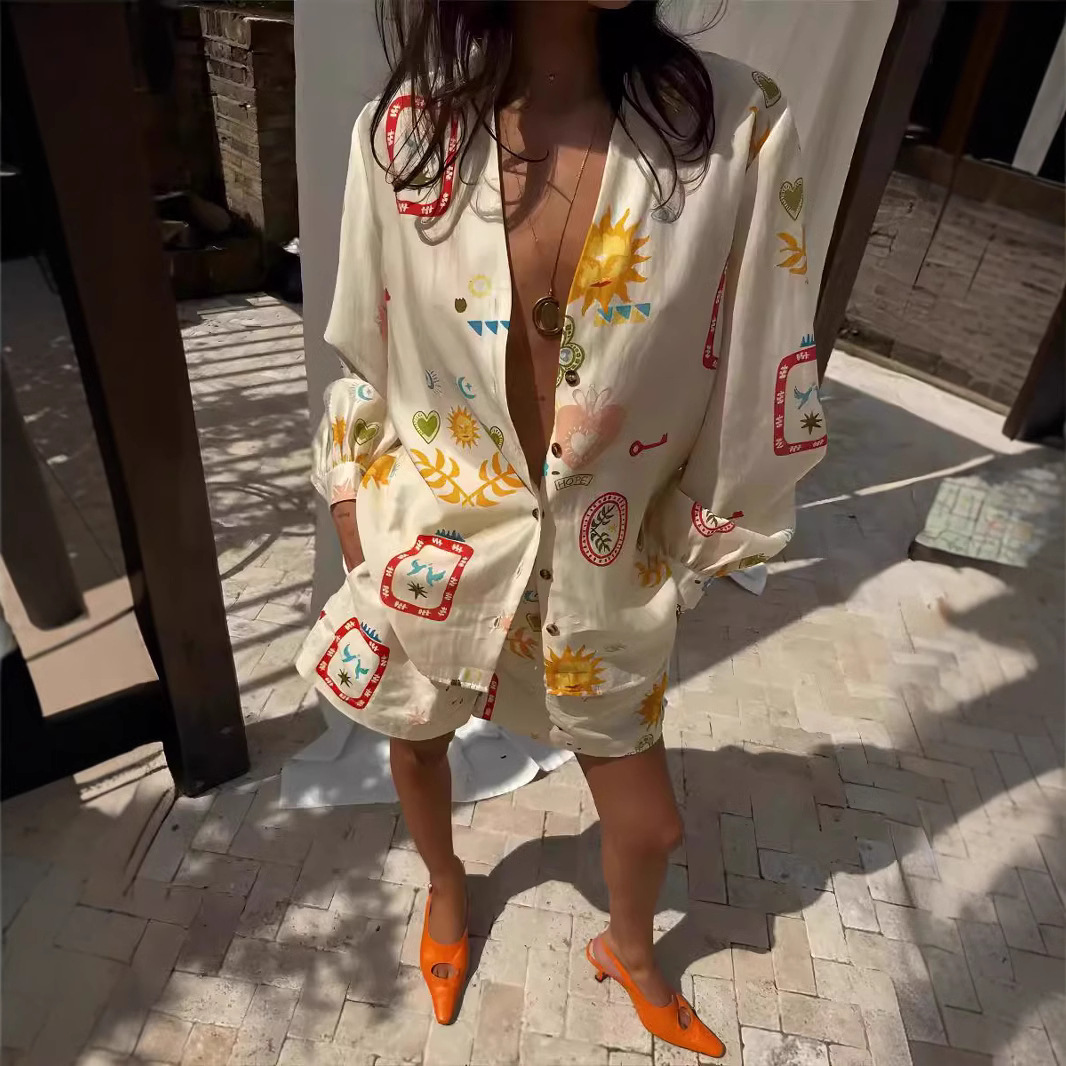 European and American Cross-border 2024 New AliExpress Independent Station Fashion Printed Linen Casual All-match Shirt Cardigan Shorts