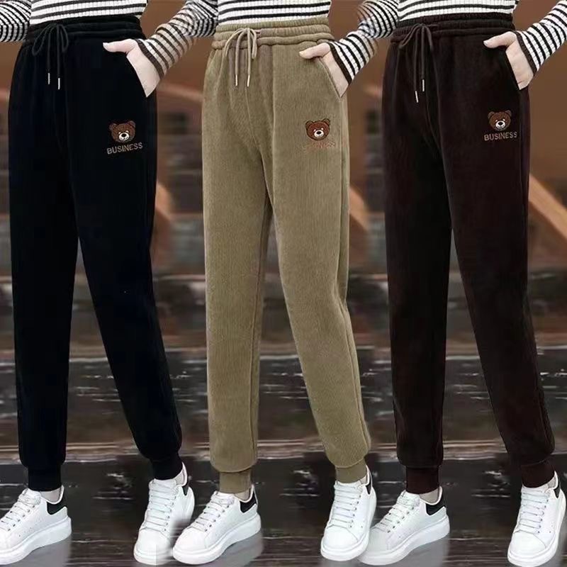 Autumn and Winter High-Waisted Velvet Thickeneded Casual Pants Harem Pants Women's Loose Bear Embroidered Leggings Sweatpants