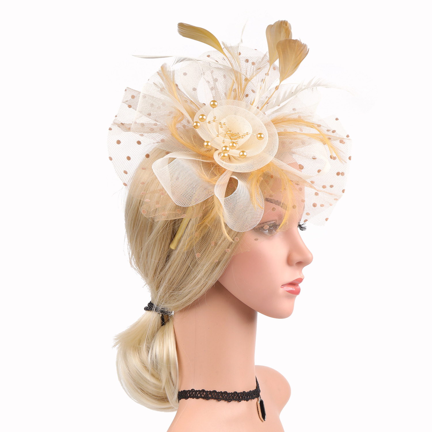 Picture of European and American Popular Amazon Feather Headdress Bridal Hair Accessories Mesh Top Hat Jockey Club Hair Accessories Hairpin Headband