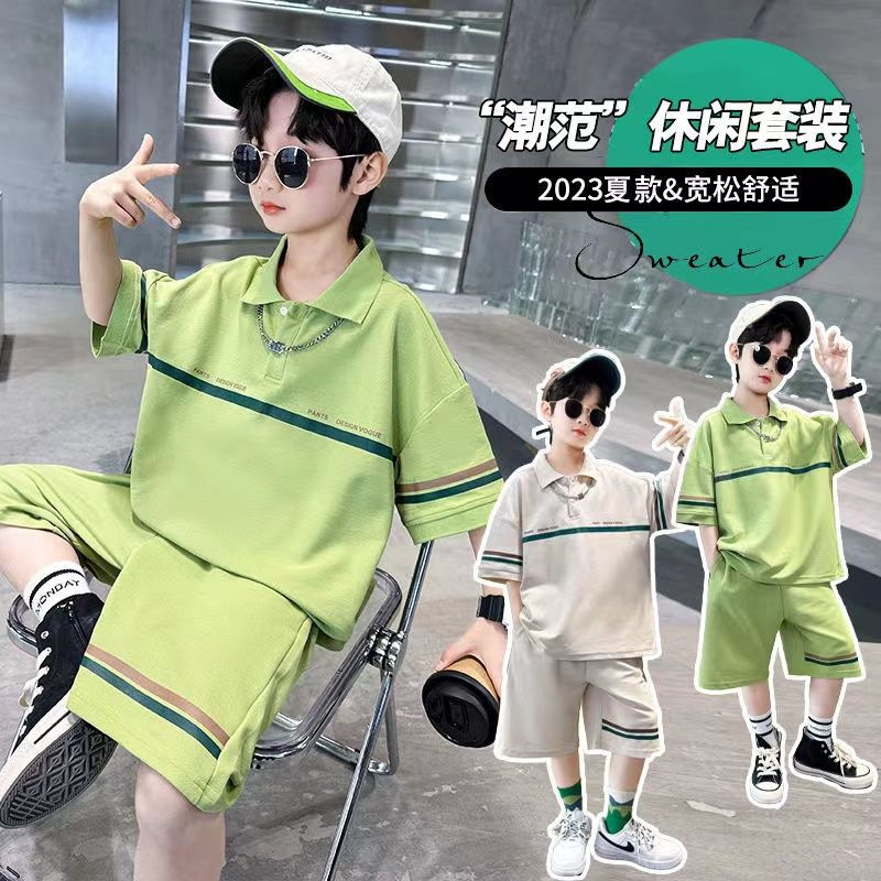 Children's Wear Summer Wear Thin Sports suit 2024 New Large Children's Duffian Handsome Boy POLO Shirt Five-Piece Pants Two-Piece Set