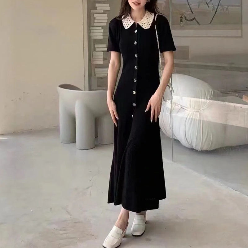 S's French Crochet Cut Out Lace Collar Dress Women's Puff Sleeve Single-Breasted Long Skirt Black Tight Knitted Skirt
