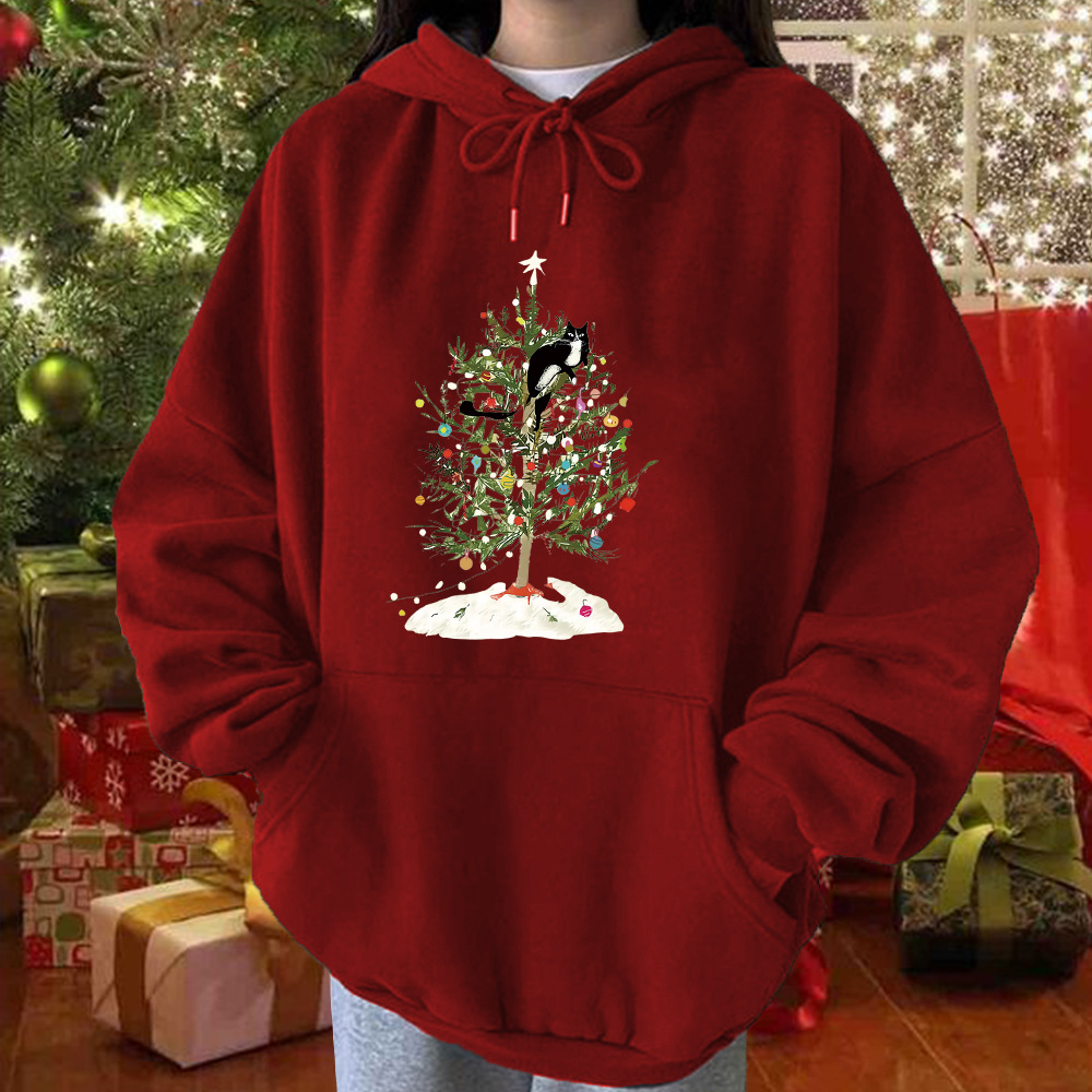 2021 Cross-border Women's Autumn and Winter Christmas New Christmas Tree Meow Mi Shoulder-drop Pullover Hooded Sweatshirt