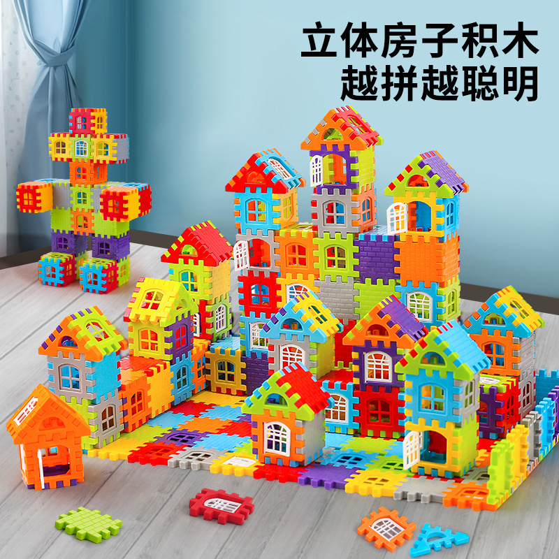 3-year-old 6-year-old boys and girls children build house building blocks assembling toys puzzle large particles square wall window model puzzle