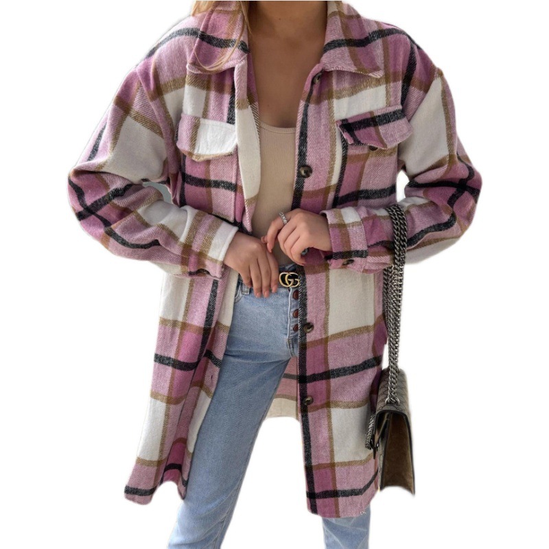 Picture of Cross-border Fashion Plaid Shirt 2021 Autum New Aliexpress Elegant Long Outwear Cardigan Lapel Shirt for Women