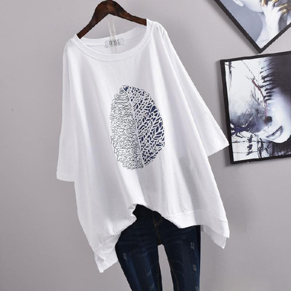 Picture of 100kg Plus Size Women's Summer Leaf Print Casual Slit Mid-Length Short Sleeve T-Shirt Loose Oversized Style