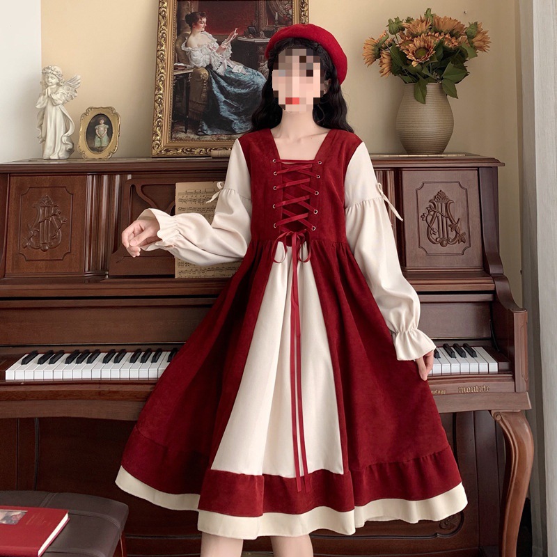 2024 Summer New Student Japanese Style Wood Ear Edge Contrast Color Stitching Dress Internet Popular Lolita Long Sleeve Dress