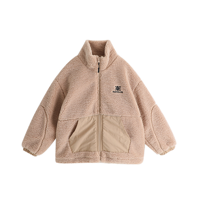 Picture of Thickened little wheat ear girls' coat 2023 autumn and winter new children's solid color plush coat stitching pocket