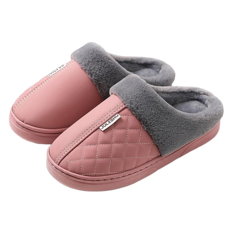 Lidani 2024 Winter Closed-Toe Cotton Slippers for Women, Pu Leather Surface, Waterproof, Men's Indoor Warm Shoes, Winter Non-Slip