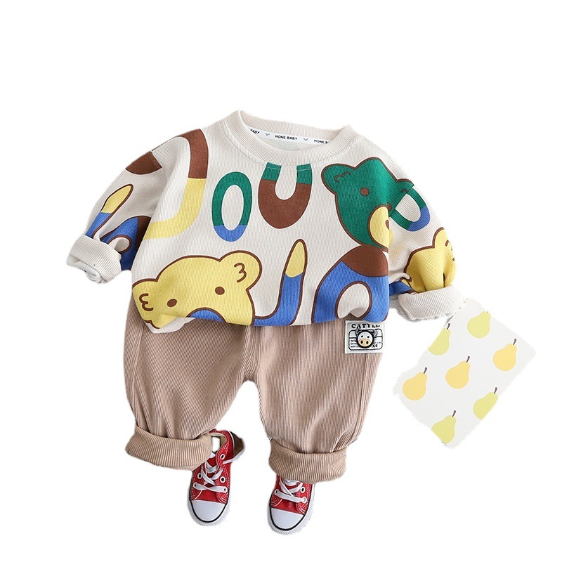 Boys' Spring and Autumn New Product Full Print Letter Bear Head Crewneck Stylist Casual Children's Sweater Casual Sports Suit