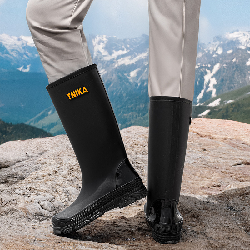 Cross-border simple high-top men's rain boots, wading shoes, drawstring long rubber shoes, anti-slip black rain fishing sea rain boots