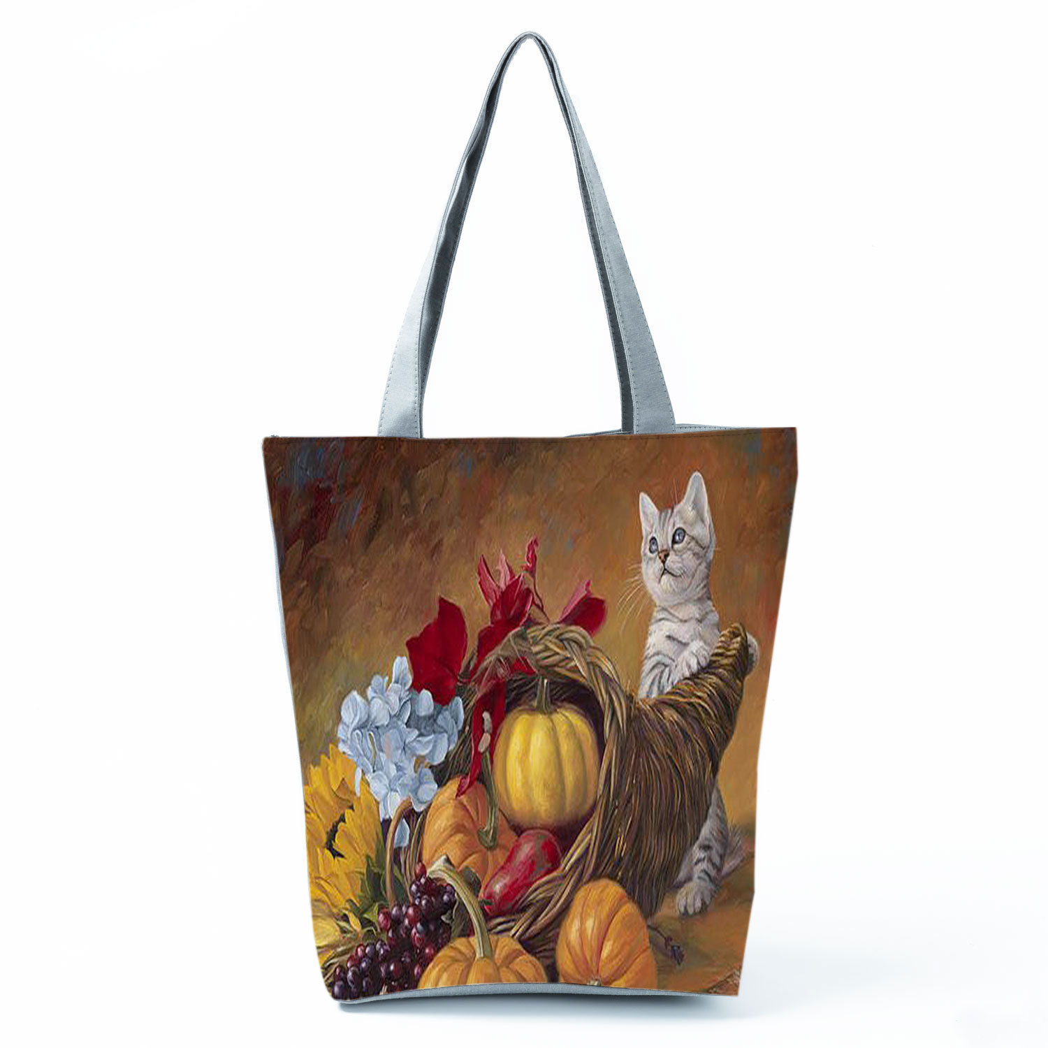 Picture of New cute flower cat printed shoulder bag portable travel storage bag large capacity outdoor tote bag