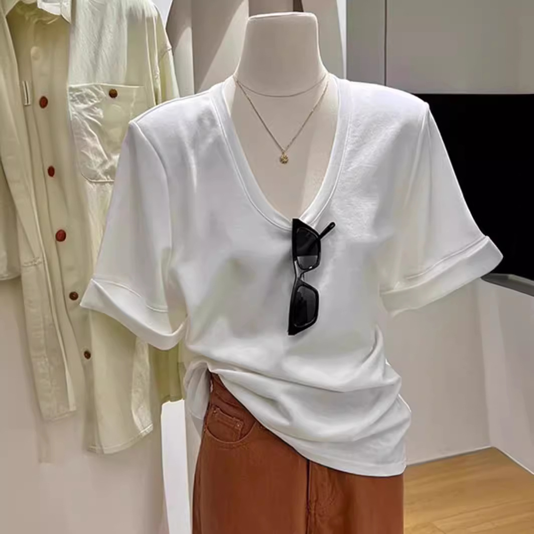 White T-shirt Women's Short-sleeved Shoulder Pad Curl Simple Fashionable Loose Korean Style 2023 New Spring Design U-neck Top