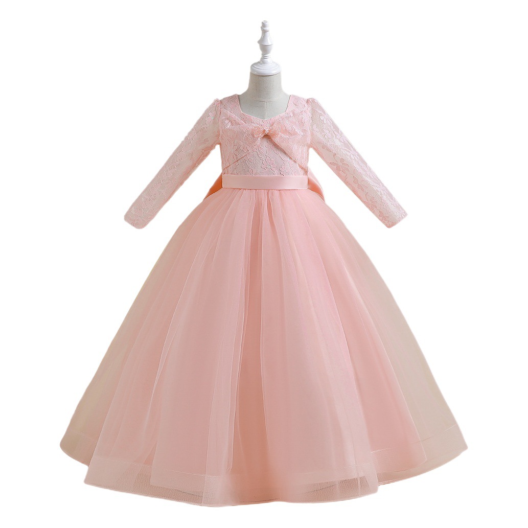 Children's Dress Princess Dress Large Children's Lace Wedding Dress Long Bow Tutu Dress Long Sleeve dress