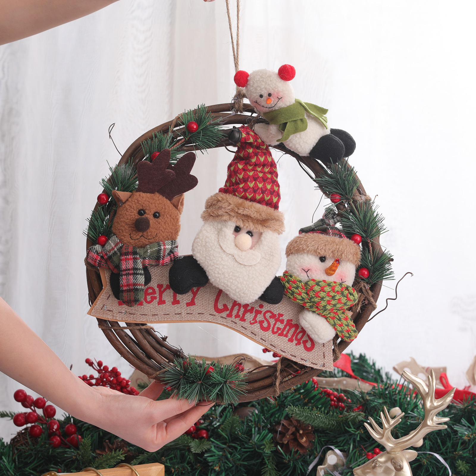 Quying Christmas Decoration Supplies Old Man Snowman Elk Rattan Circle Pendant Small Work Rattan Garland Pendant