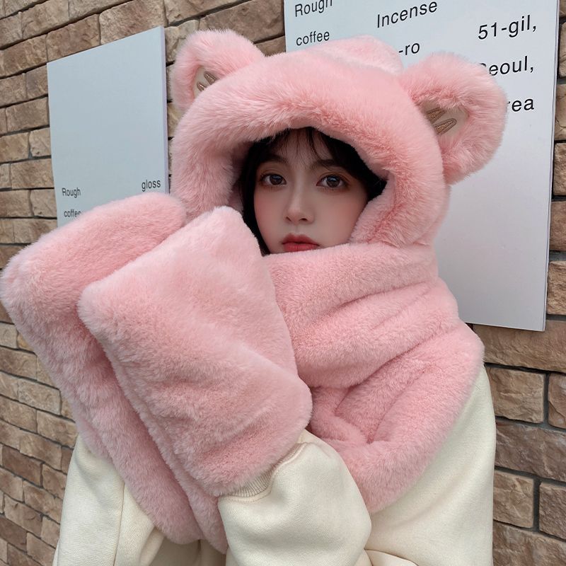 Picture of New Bear Hat Winter Hat Cute Warm Thickened Scarf Integrated Ear Protection Hat Three-Piece Set Cycling Cold Protection Hat