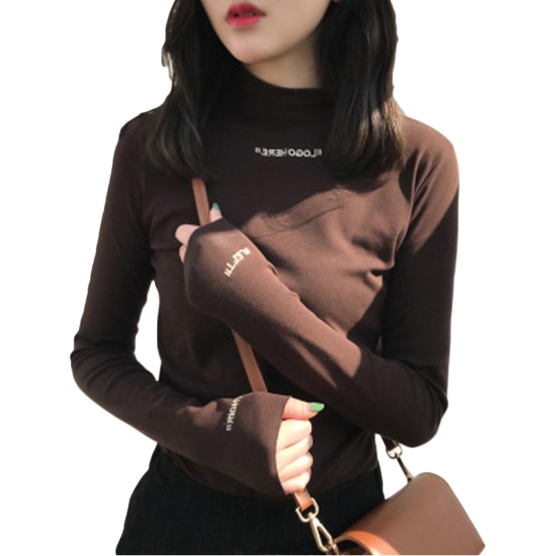 2025 Early Autumn Half-High Collar Top Base Shirt for Women with Letter Embroidery, Slim Fit, Solid Color Long-Sleeve T-Shirt for Students, Trendy