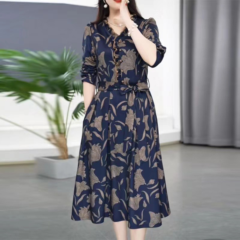 Western-Style Printed Lace-Up Dress for Women 2024 Autum New Slimming Look Mid-Length Skirt Elegant
