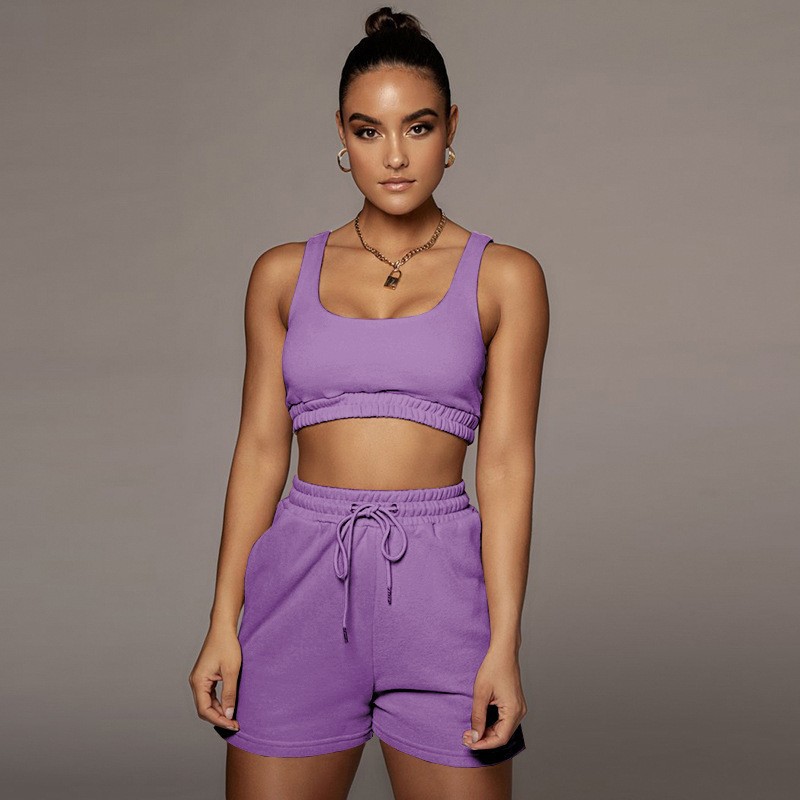 Picture of 2024 European and American Amazon cross-border summer women's solid color double-layer vest shorts sports navel suit