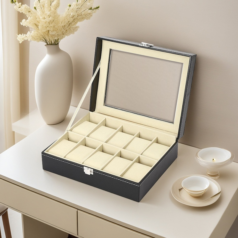 Picture of High-grade leather 10-position watch box mechanical watch storage display box high-permeability glass cover counter watch box cross-border