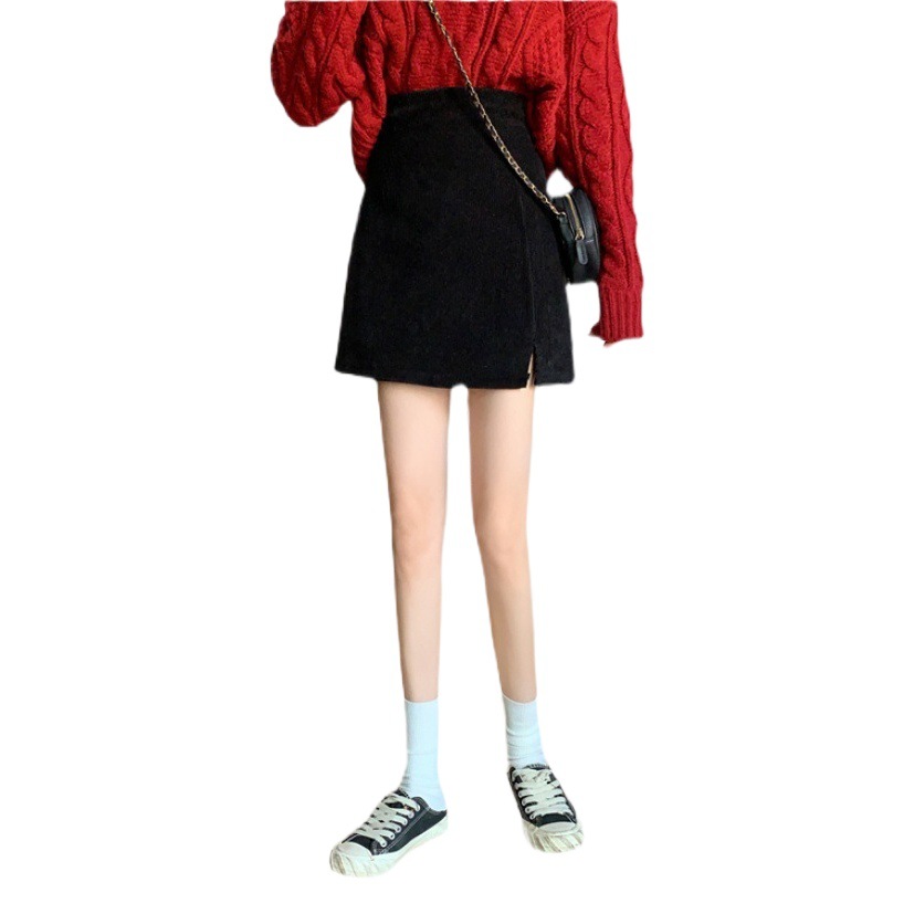 Autumn and winter New corduroy Korean style skirt high waist anti-exposure skirt plus size slimming split aA-shaped casual skirt